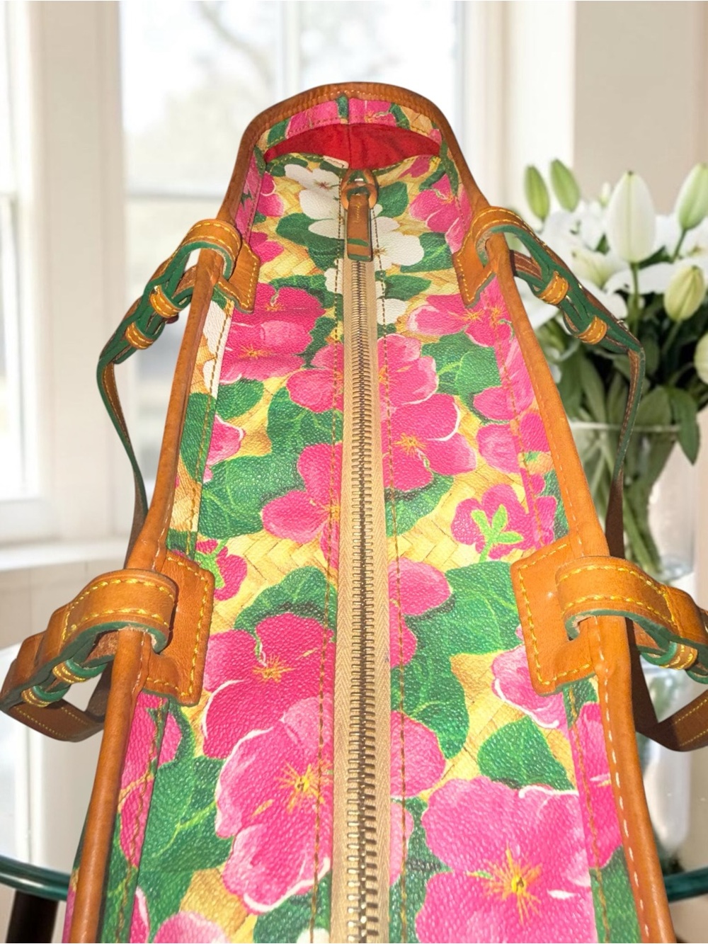 Dooney & Bourke Floral Pink, White, and Green Large Shopper Tote Bag EUC - Picture 8 of 16
